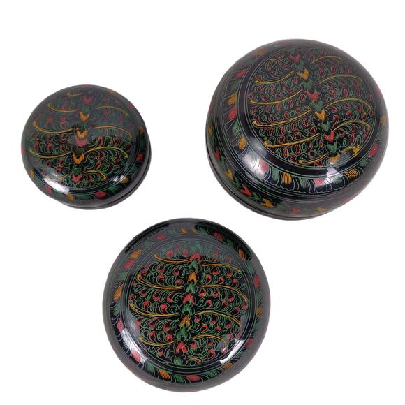 Etched Black Lacquerware Asian Burmese Nesting Betel Kun-It Bowl Boxes 3pc Set - Picture 3 of 8
